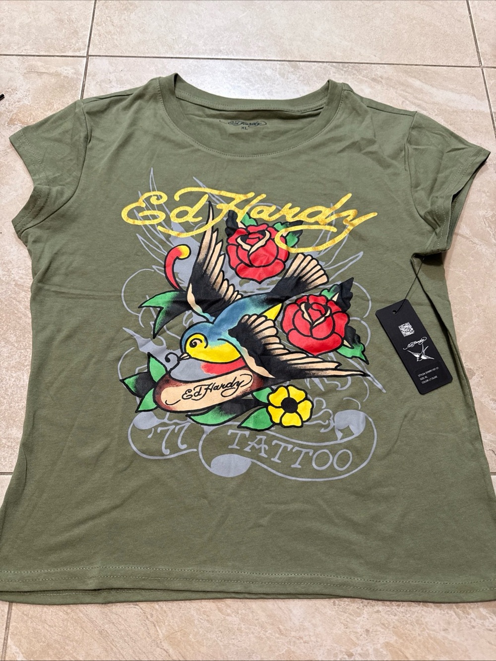 Ed Hardy Olive Short-Sleeve Tattoo Swallow Tee with Red Roses
